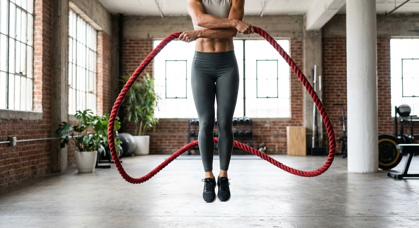 A person mid-jump using a thick red weighted rope, showing visible muscle engagement in the forearms and midsection.