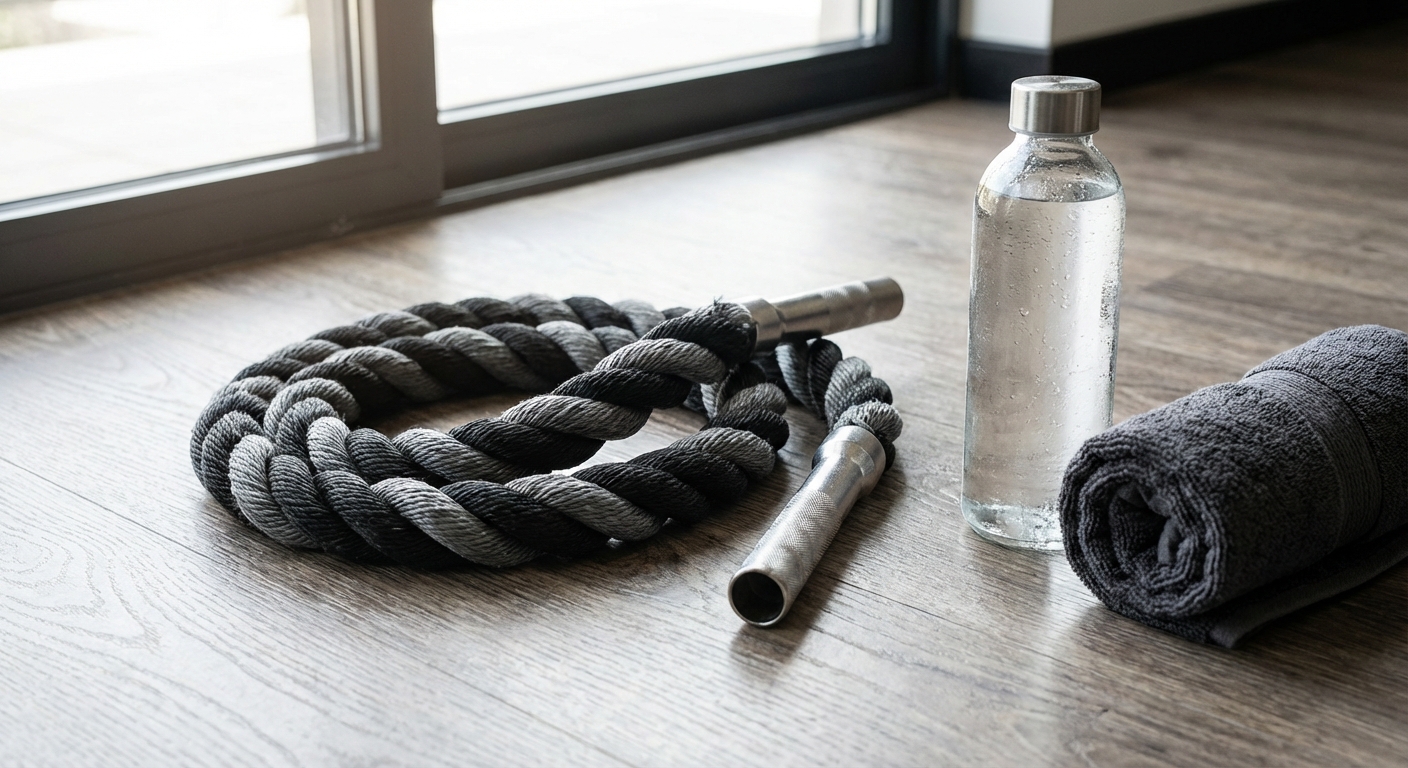A close-up of a heavy braided jump rope on a gym floor next to a water bottle and a towel.