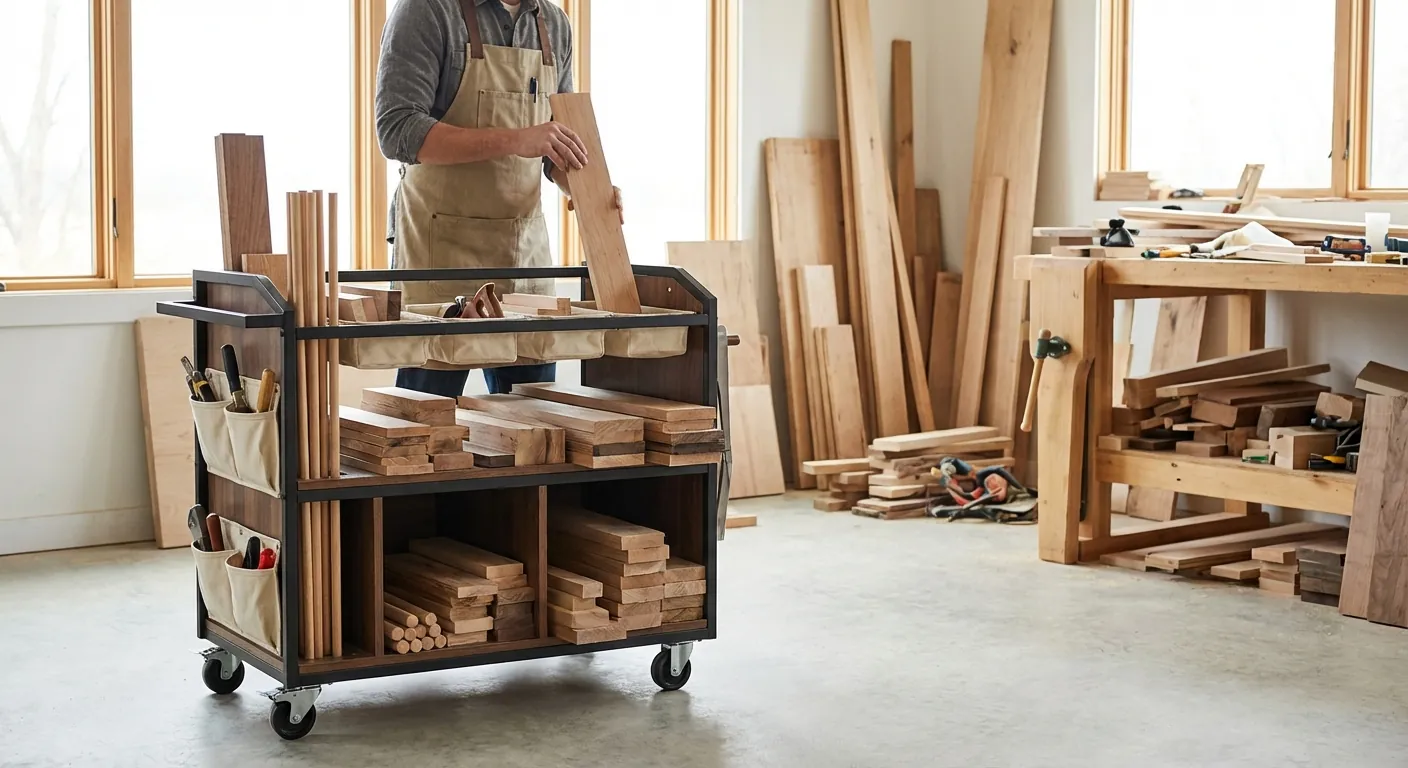 A cluttered workshop corner compared to an organized mobile lumber cart