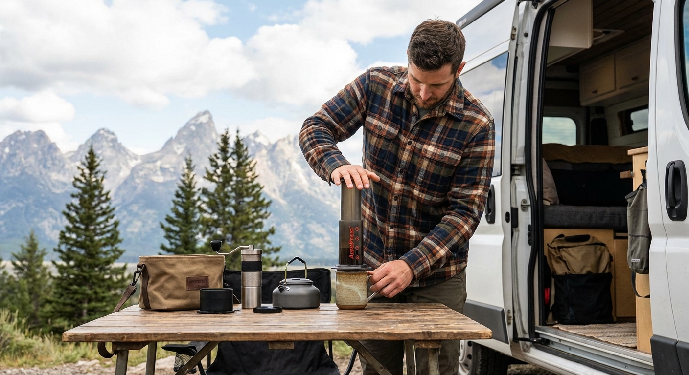A person using an AeroPress outside a camper van with mountains in the background
