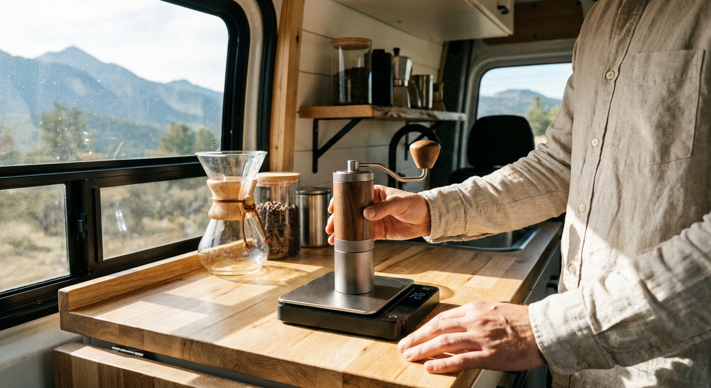 A person weighing a manual coffee grinder on a digital scale in a rustic van kitchen