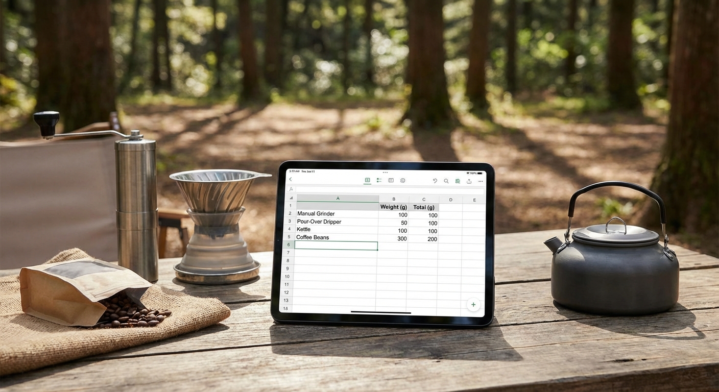 A screenshot of a spreadsheet tool showing various coffee gear weights and a total weight calculation
