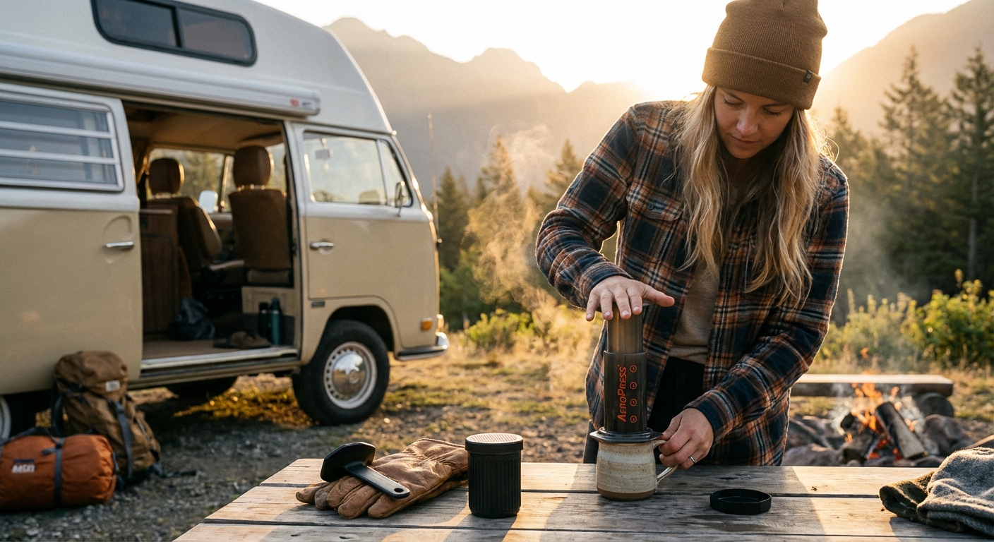 A person brewing coffee with an Aeropress outside a campervan at sunrise