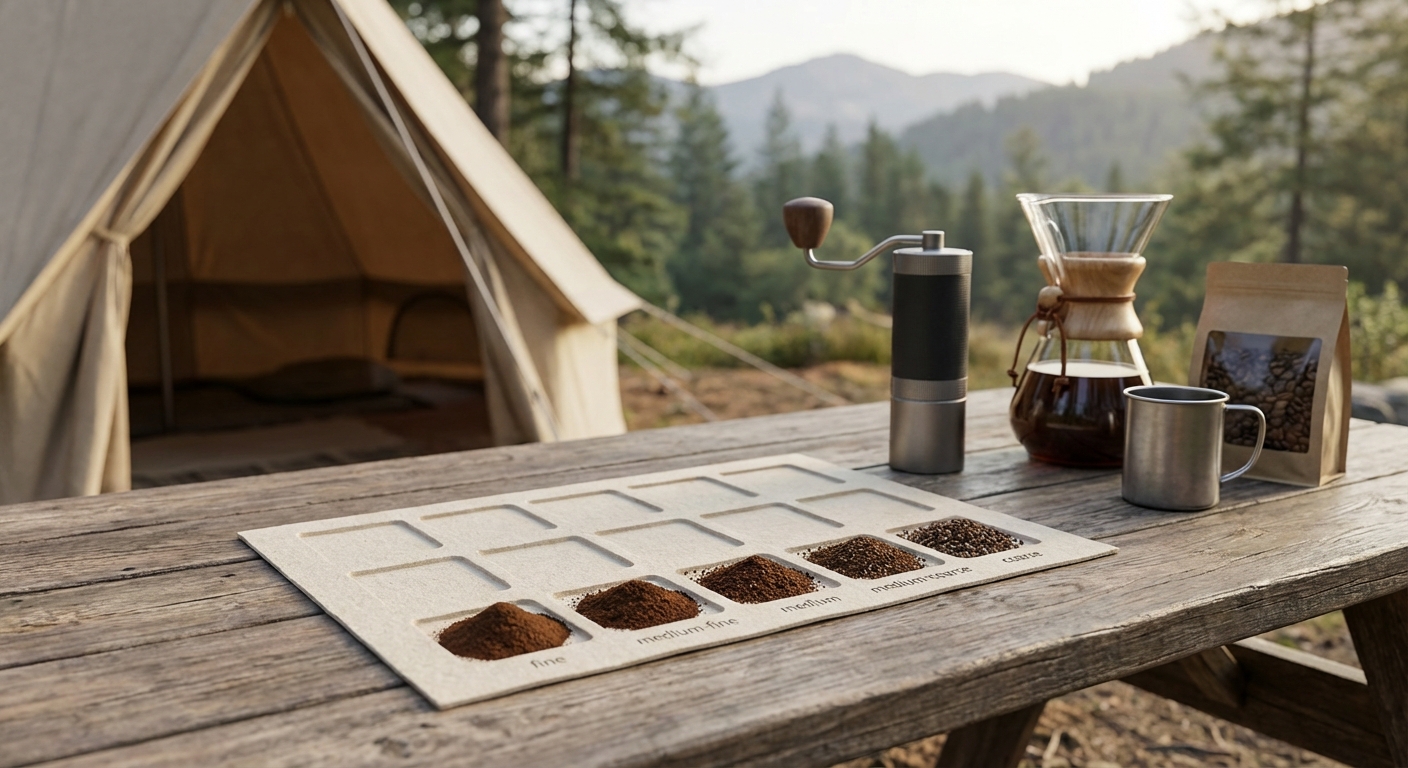 Close up of a coffee grind size comparison chart on a wooden camp table