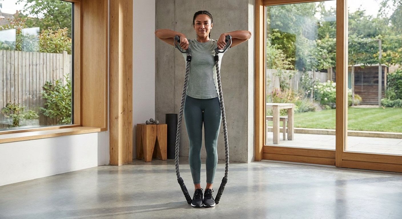 A person measuring a heavy jump rope by standing on the center and pulling the handles up to their shoulders.