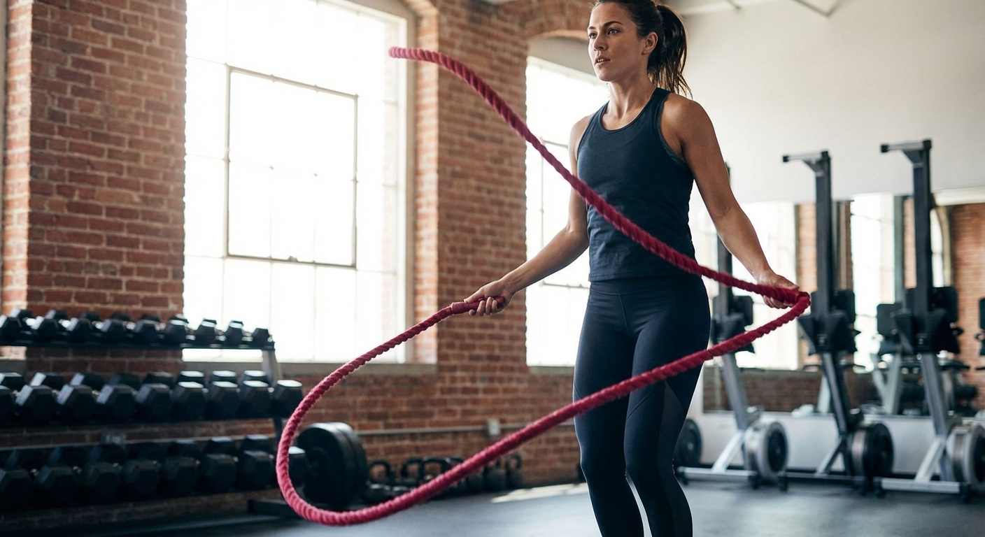 A fitness enthusiast performing a boxer skip with a thick crimson PVC rope in a gym setting.