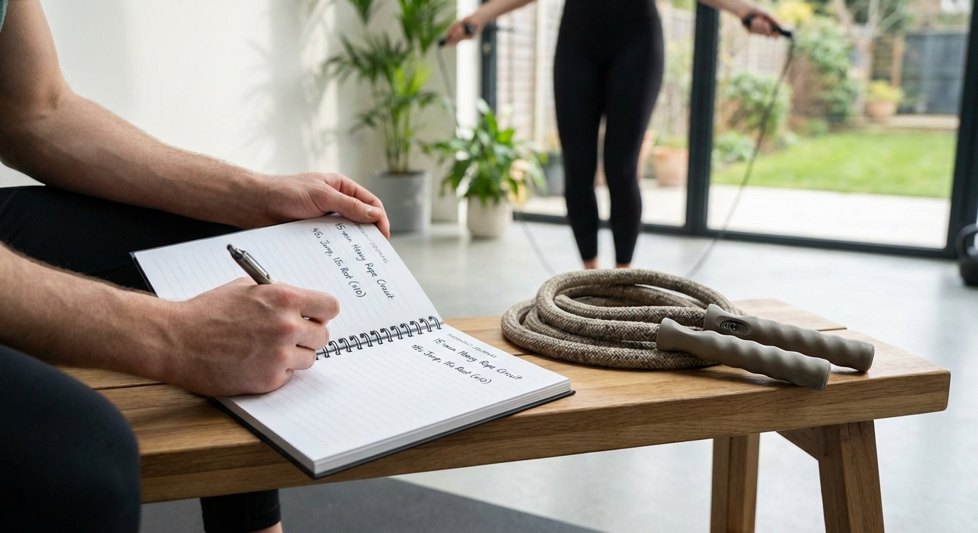 A workout log showing a sample 15-minute heavy rope circuit: 45s jump, 15s rest, repeated for 10 rounds.