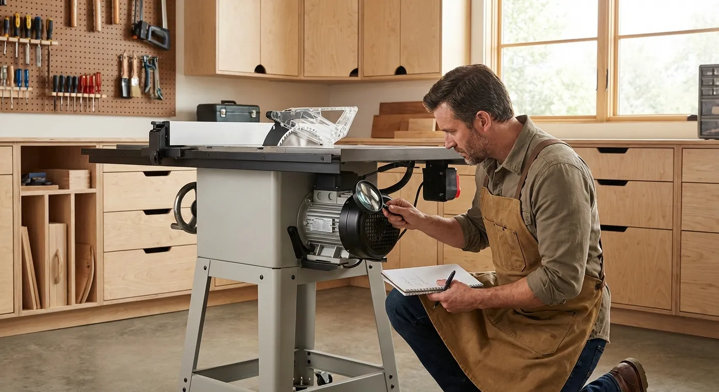 A woodworker checking the motor plate on a table saw to identify amperage requirements.