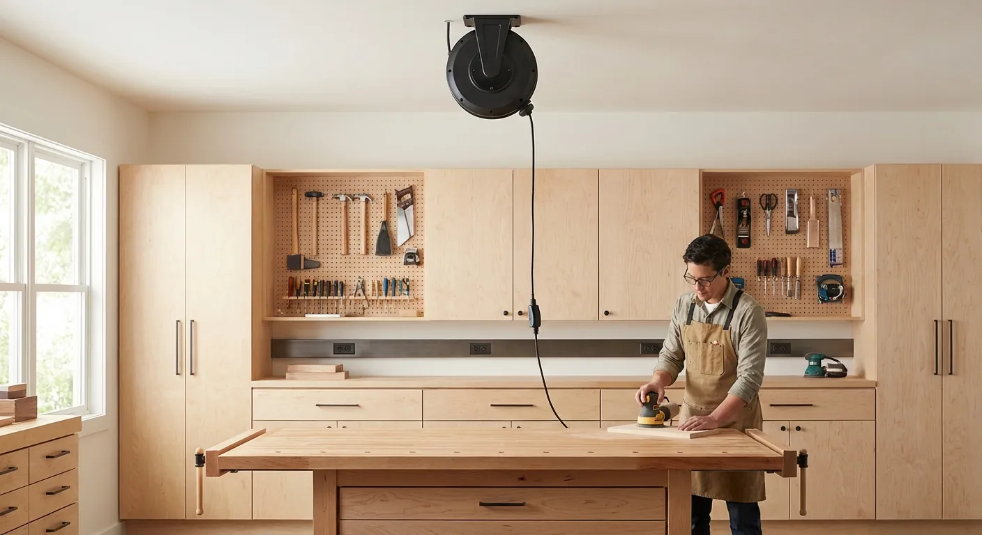 A workshop with outlets installed at 50 inches high and a ceiling-mounted cord reel over the assembly table.