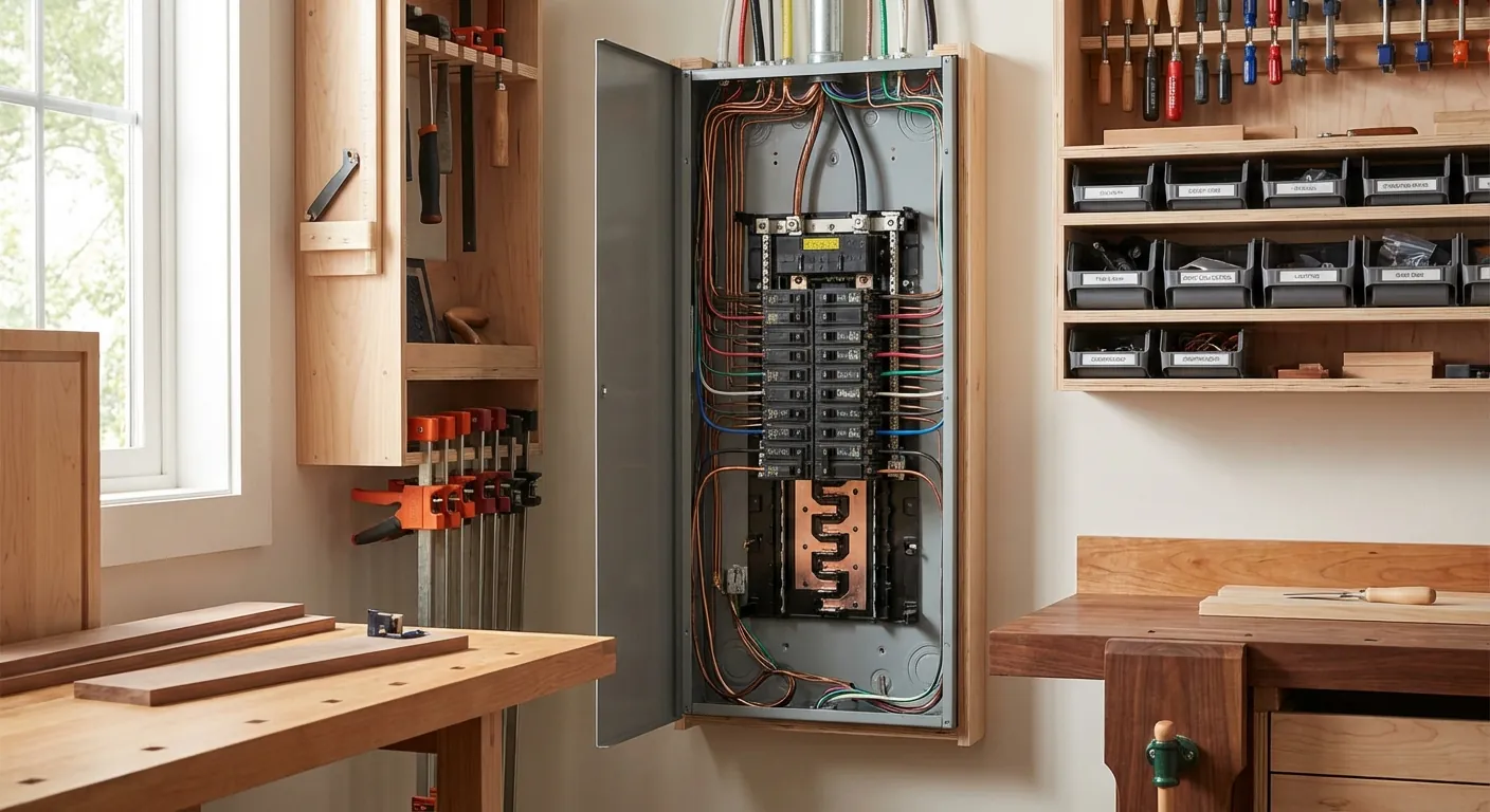An open electrical sub-panel showing neat wiring and clearly labeled breakers for a workshop.