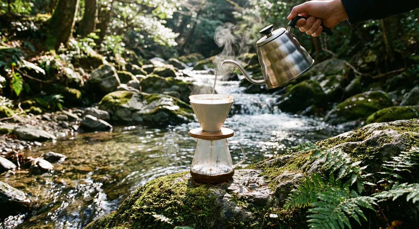 A close-up of a manual coffee dripper sitting on a rock next to a flowing mountain stream.