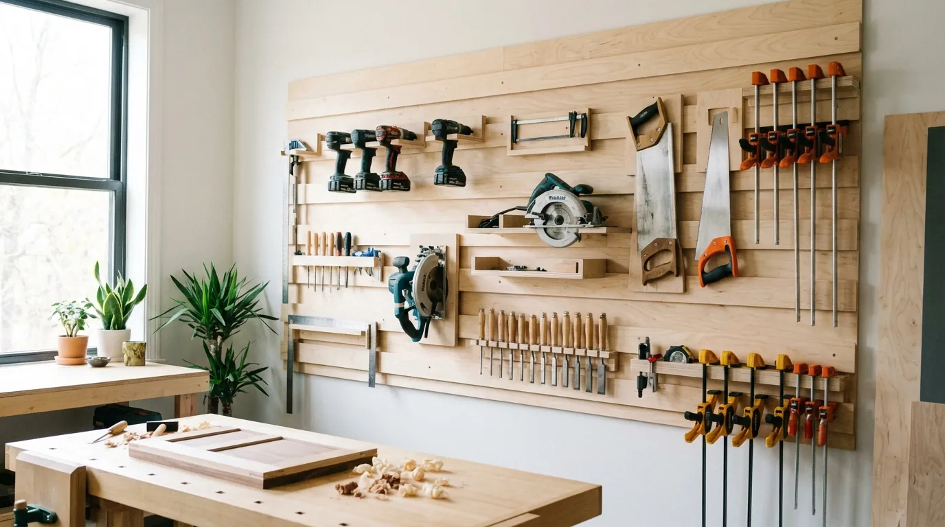 A wide shot of a finished French cleat wall showing various tools like drills, saws, and clamps neatly organized on plywood holders.
