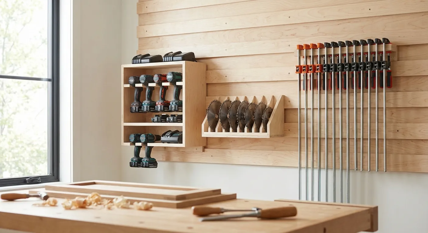 A collection of custom tool holders including a drill station, a saw blade rack, and a clamp rack all mounted on a French cleat wall.