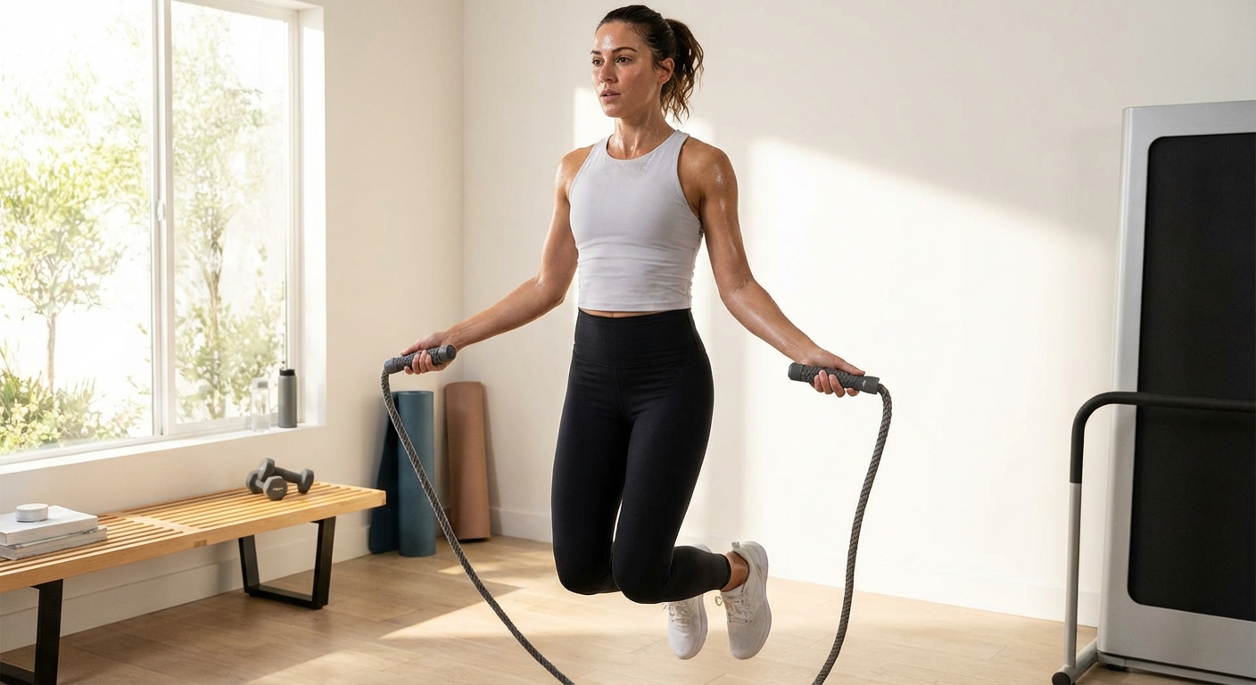 A person sweating while jumping rope in a home gym setting