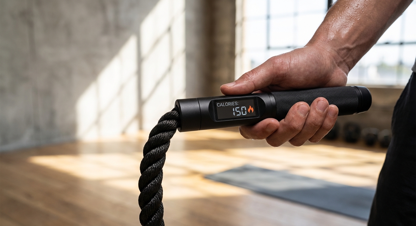 Close up of a digital jump rope counter showing calories burned