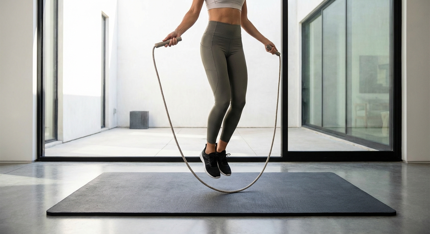 A person practicing proper jump rope form on a rubber mat