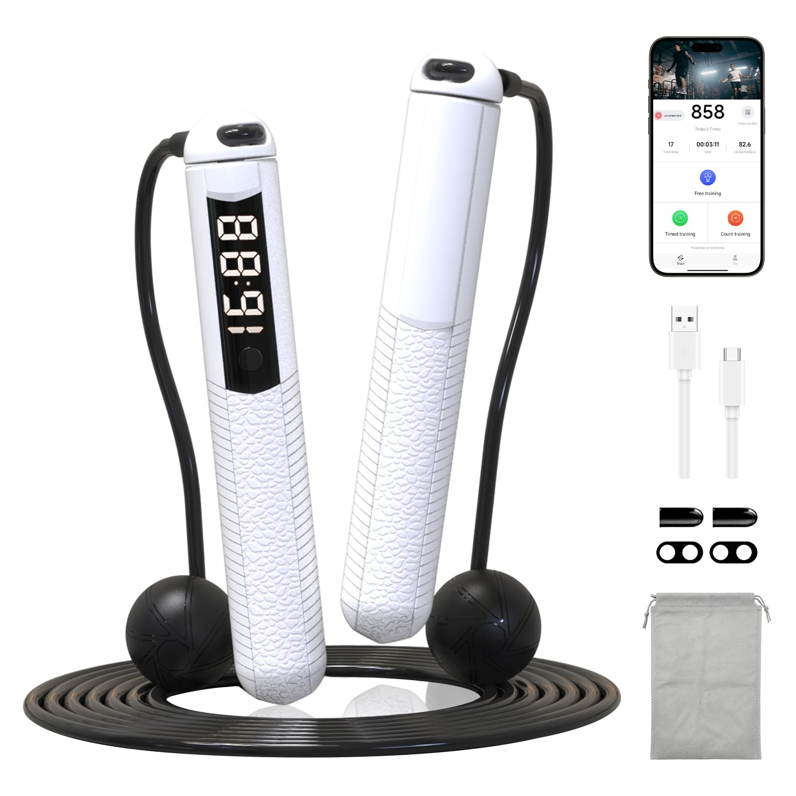 Cordless Gravity Jump Rope, Smart Jump Rope with Counter for Gym, Fat Burning & Calorie Burn, APP Data Analysis, Home Workout Equipment for Women ＆ Men White