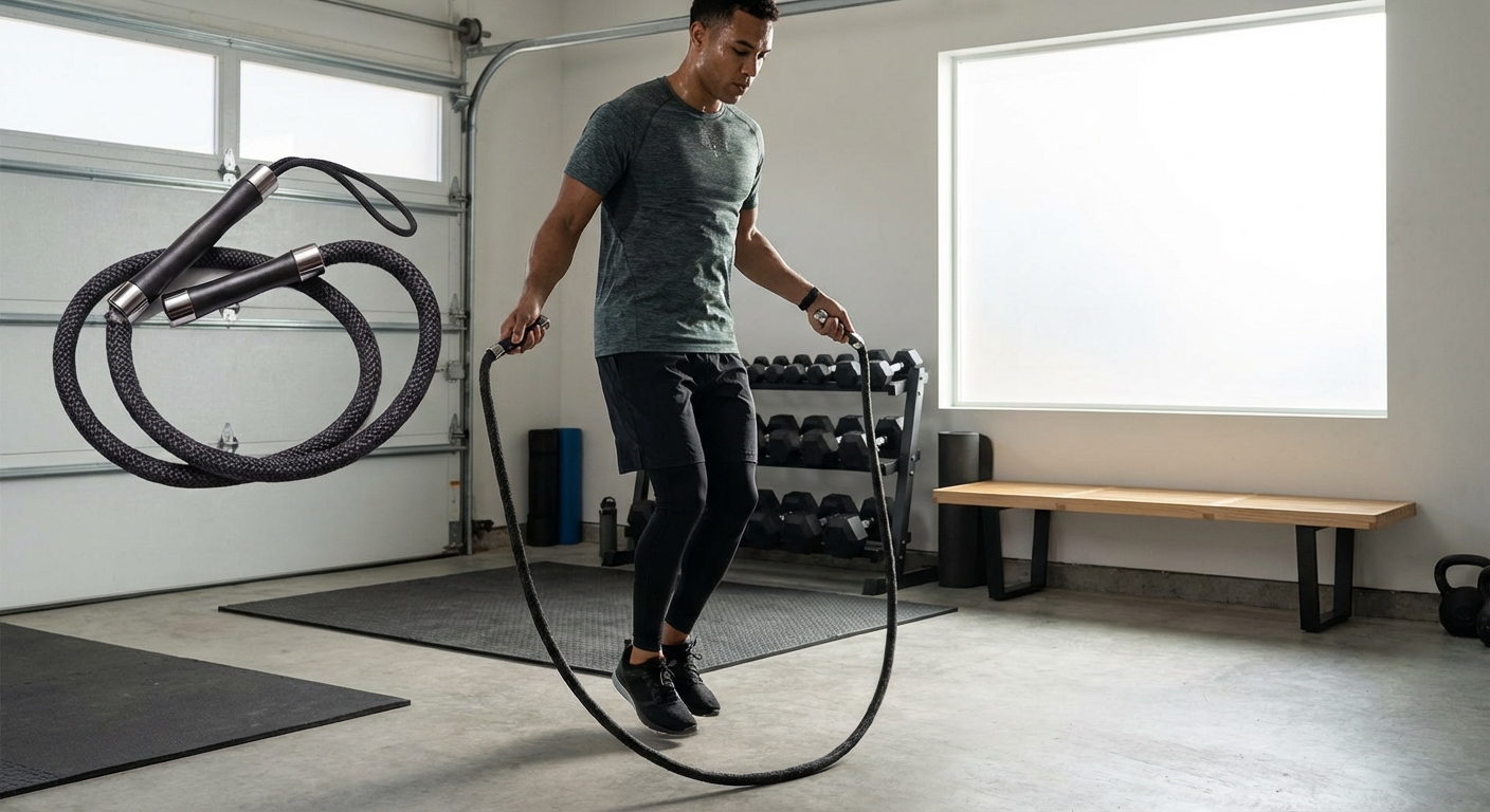 A person sweating while using a thick weighted jump rope in a garage gym