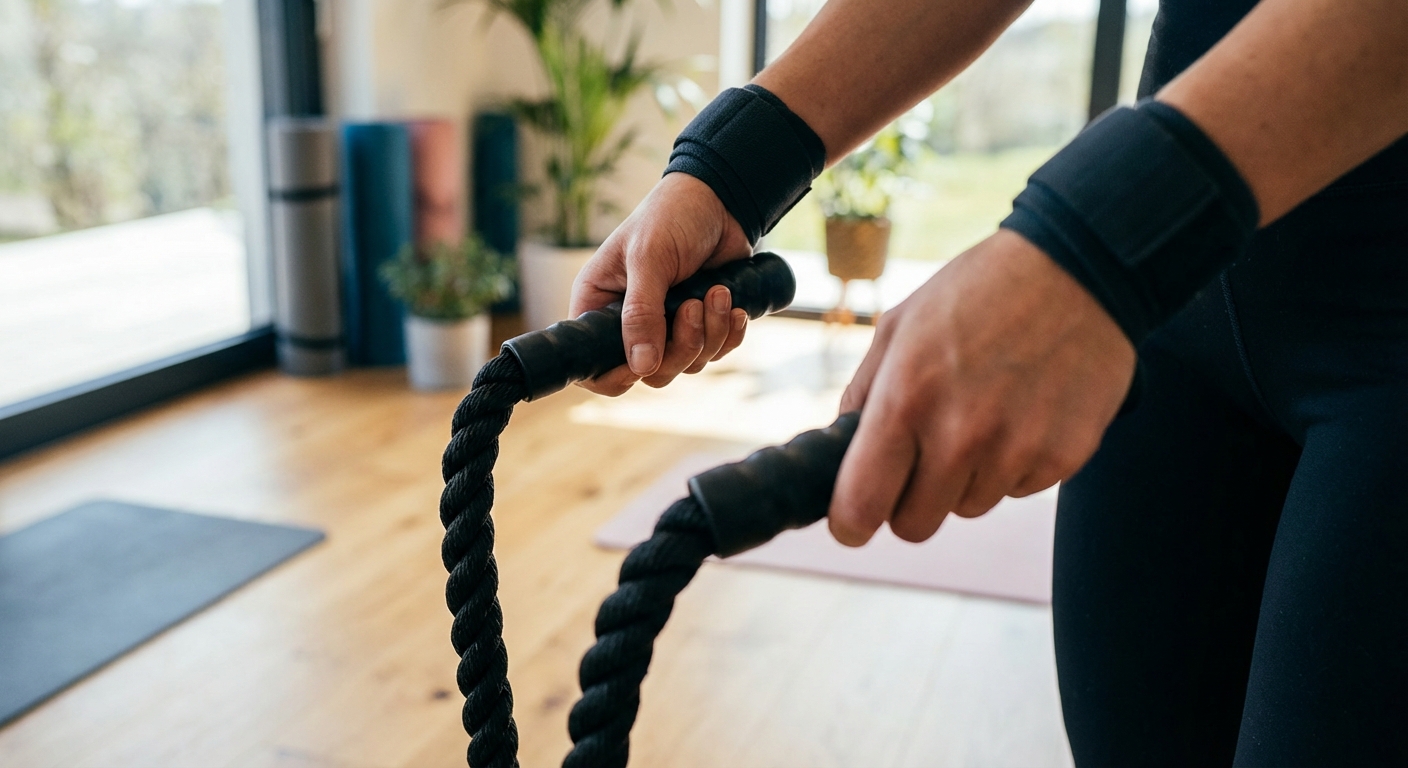 A close-up of a person's hands holding thick, weighted jump rope handles
