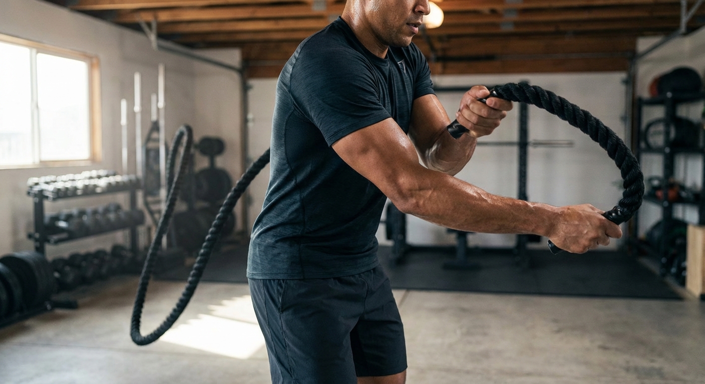 A focused athlete using a thick heavy jump rope in a garage gym setting, sweat visible, showing muscle engagement in the shoulders and arms.