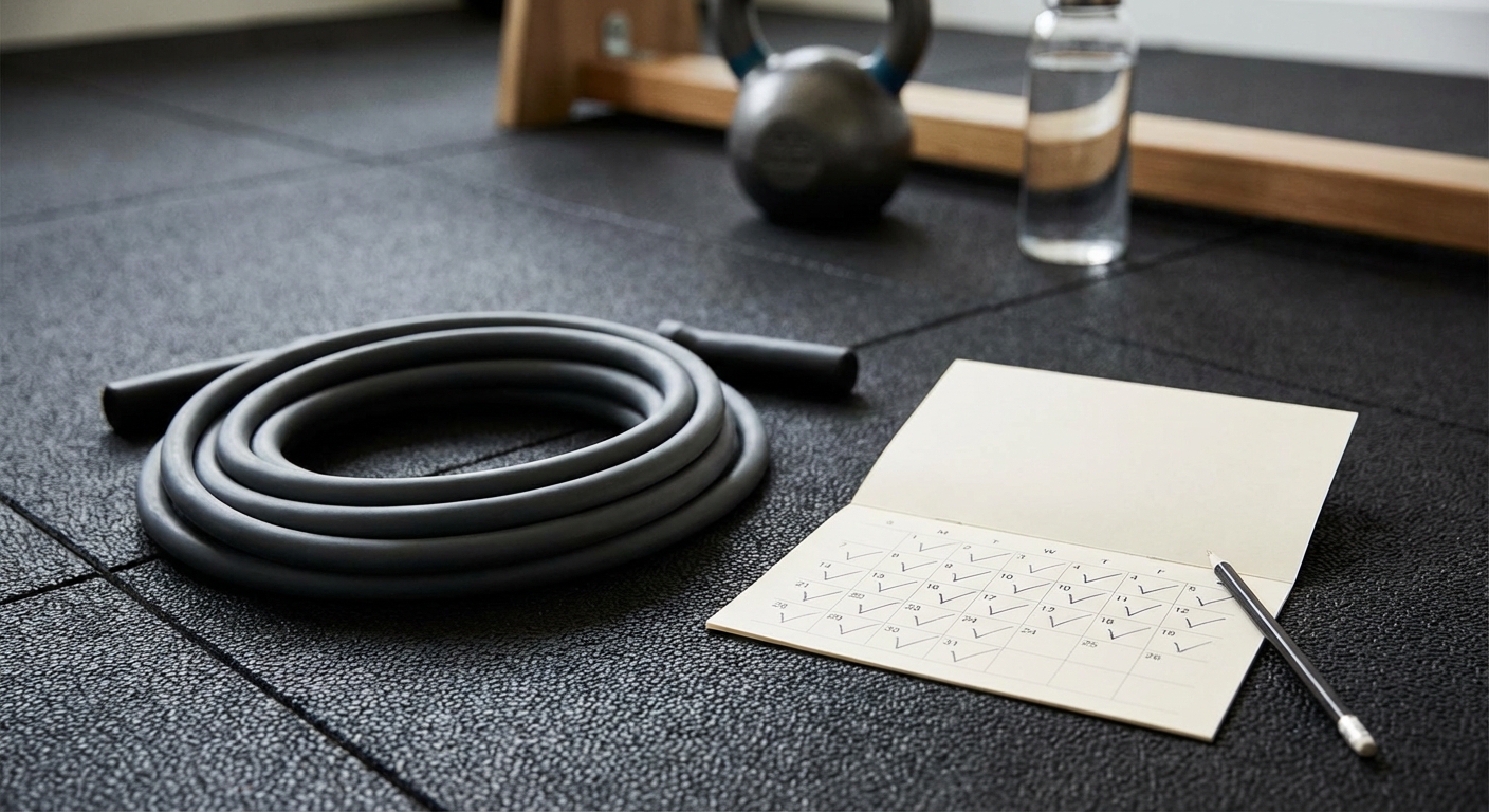 A close-up of a 30-day calendar with checkmarks and a heavy jump rope coiled next to it on a gym mat.