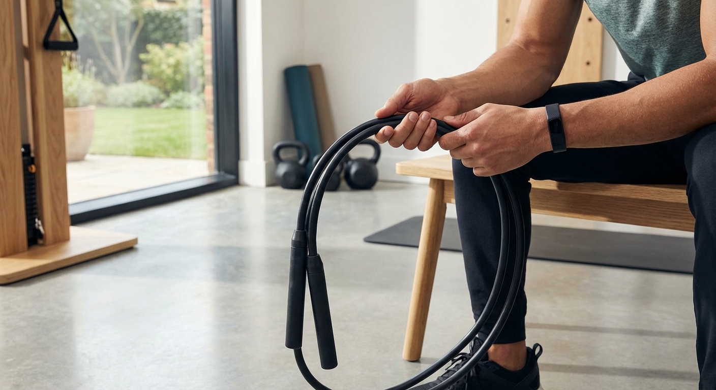 A person inspecting a jump rope cable for wear and tear in a home gym setting