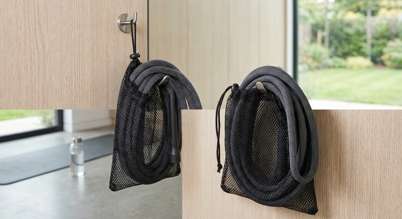 A jump rope hanging neatly on a wall hook or stored in a dedicated mesh bag