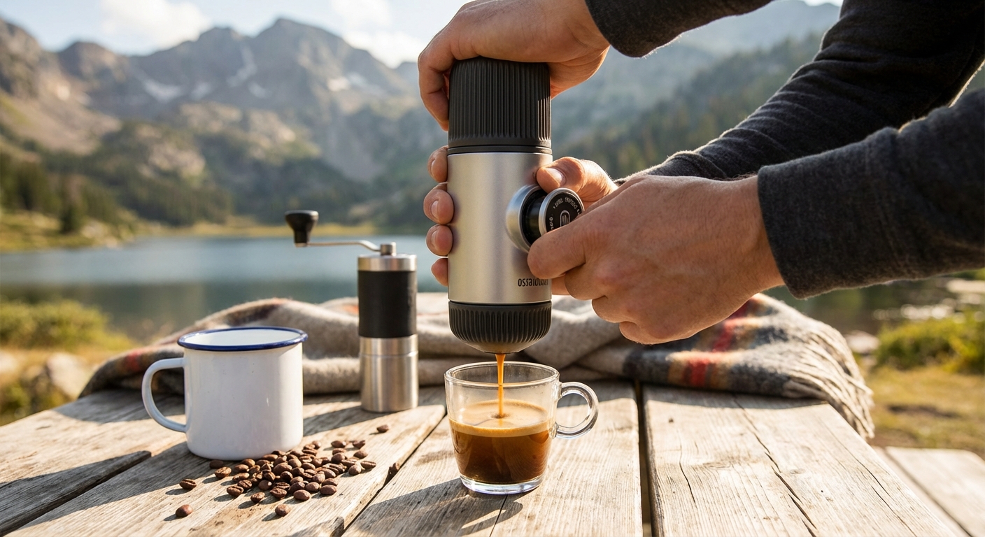 A close-up shot of a portable espresso maker being used on a rustic wooden picnic table with mountains in the background.