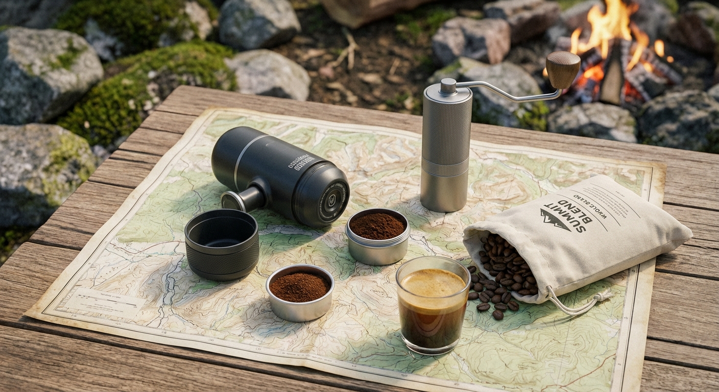 A flat-lay of a portable espresso maker, a hand grinder, and a bag of beans on a topo map.