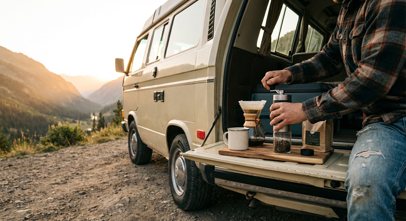 A person hand-grinding coffee beans while sitting on the tailgate of a van at sunrise.