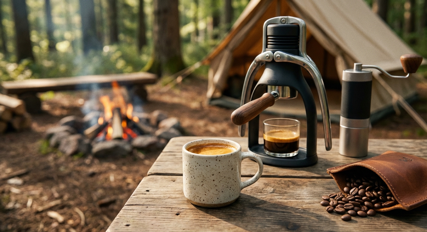 A close-up of a perfect espresso shot with thick crema in a small camping mug.