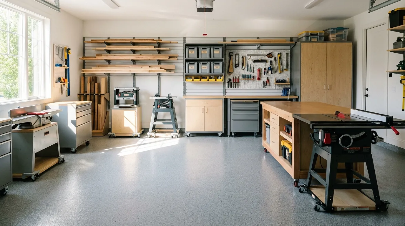 A wide-angle shot of a clean, organized 1-car garage shop showing a clear central floor space and tools on mobile bases.