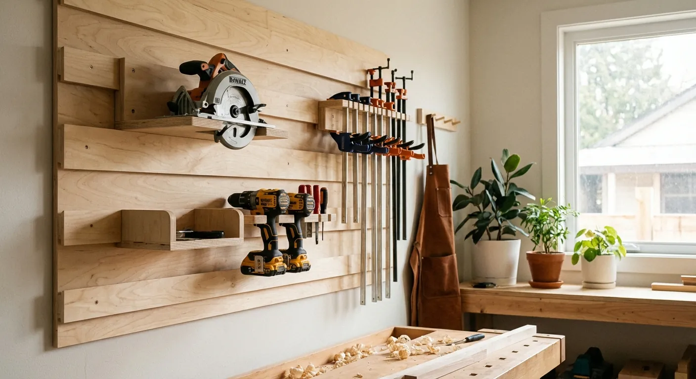A wall covered in a French Cleat system with various custom tool holders for saws, drills, and clamps.