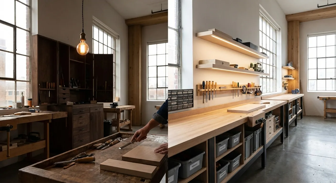 A comparison of a shop with a single bulb vs. one with integrated LED strip lighting under cabinets and over the workbench.