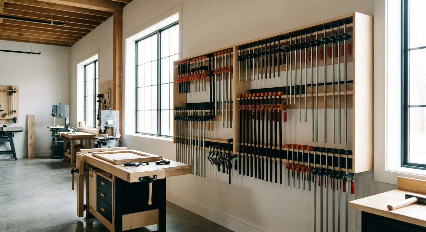 A clean woodworking shop with various clamps neatly organized on a wall-mounted rack system.