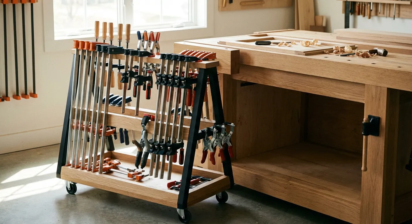 A mobile A-frame clamp cart filled with various woodworking clamps, positioned next to a workbench.