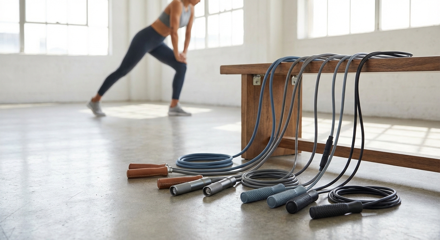 A variety of weighted jump ropes laid out, showing different thicknesses and handle types
