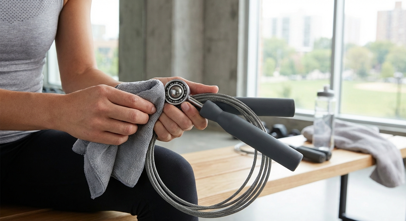 A person cleaning the ball bearings of a jump rope with a microfiber cloth