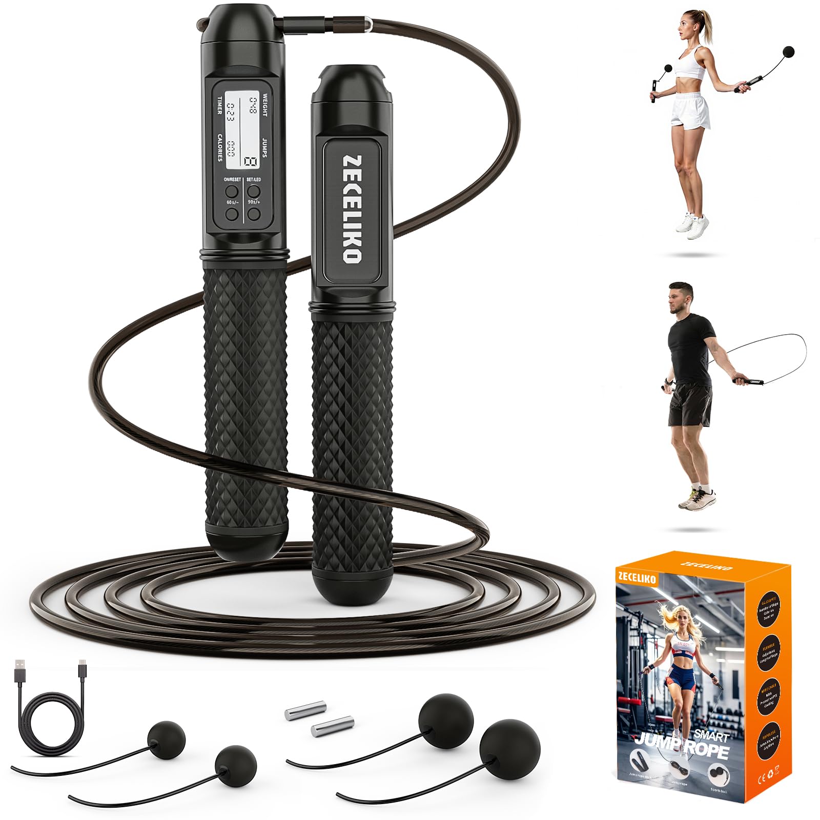 Smart Jump Rope with LED Display and Jump Counter, Weighted Cordless Design for Home Gym & HIIT, Adjustable Steel Wire for Fitness, Tracks Jumps, Calories & Time, for Men, Women & Kids Black