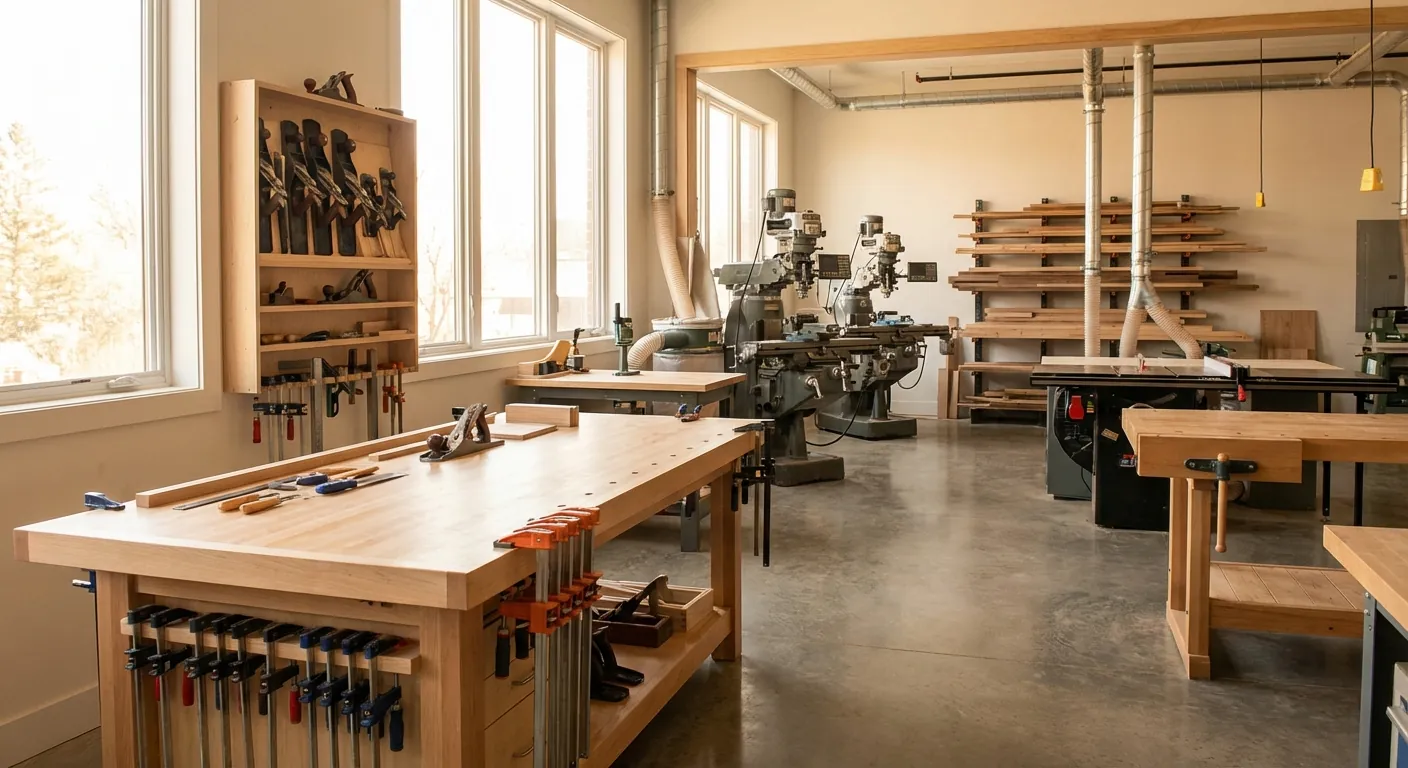 A wide shot of a clean woodworking shop showing distinct zones for milling and assembly