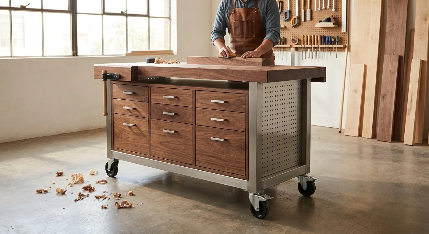 A mobile workbench with locking casters and built-in tool storage