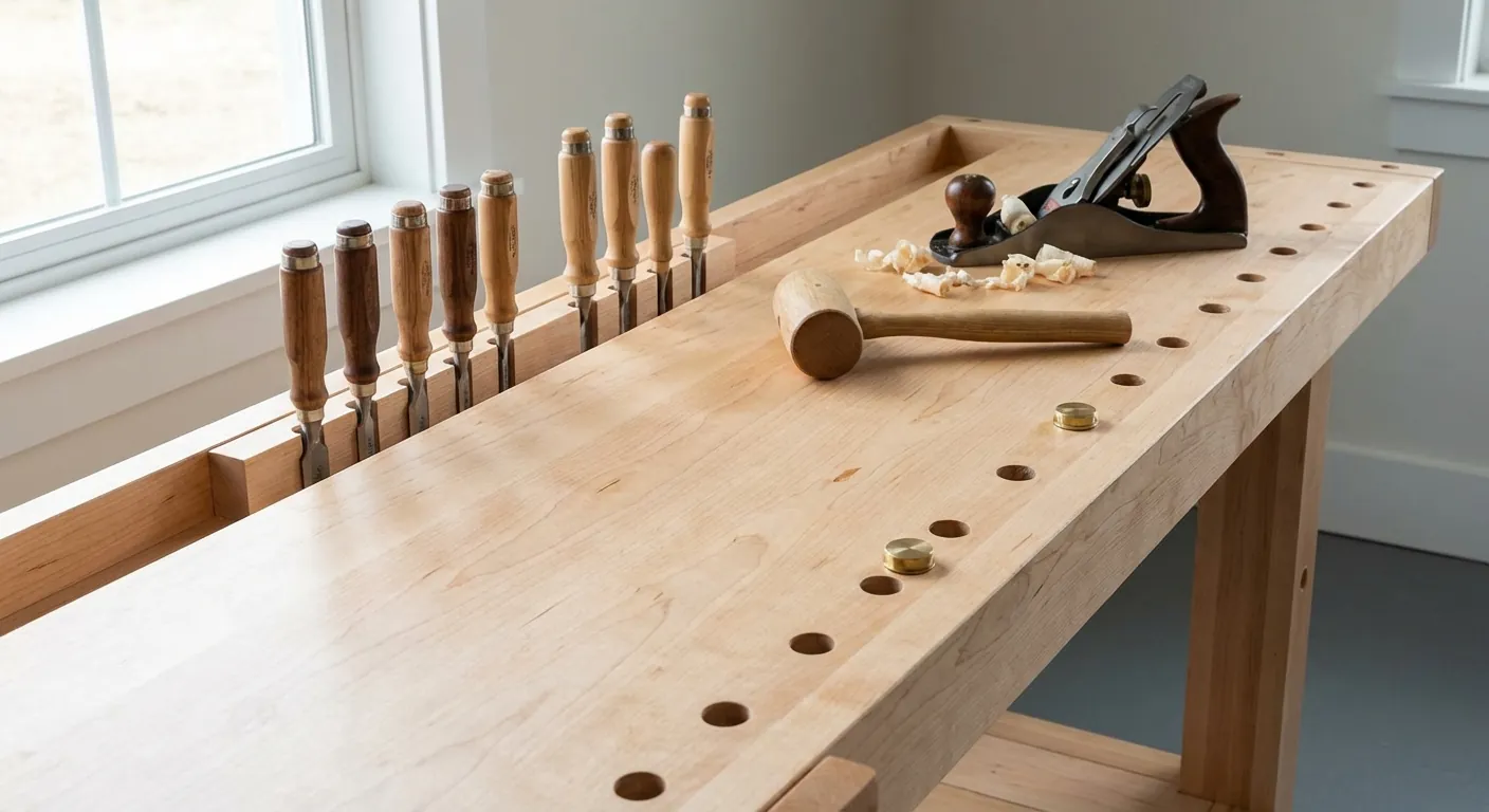 A close-up of a workbench with a built-in chisel rack and bench dog holes