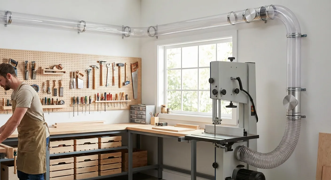 A dust collection system with clear PVC piping and aluminum blast gates