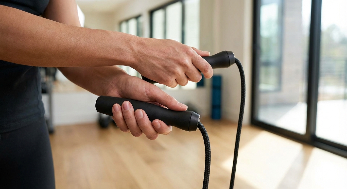 A close-up of a person holding weighted jump rope handles with a focus on proper wrist alignment.