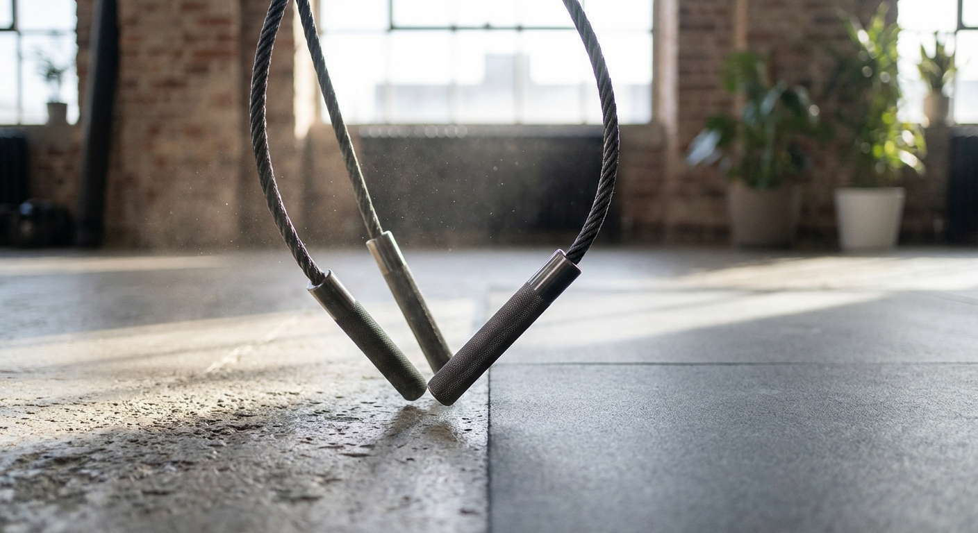 A close-up of a jump rope hitting a textured concrete surface vs a smooth mat