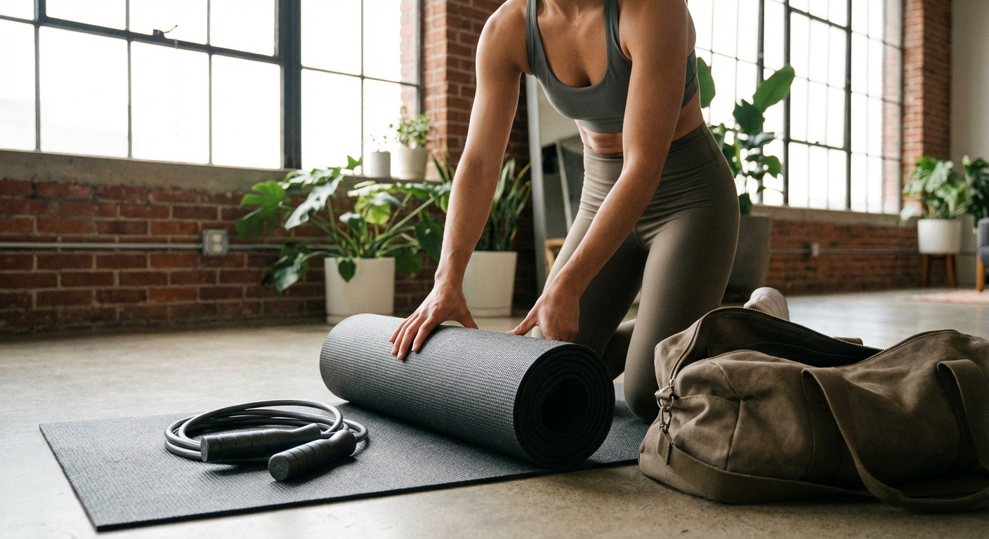 A person rolling up a jump rope mat and putting it into a carrying bag