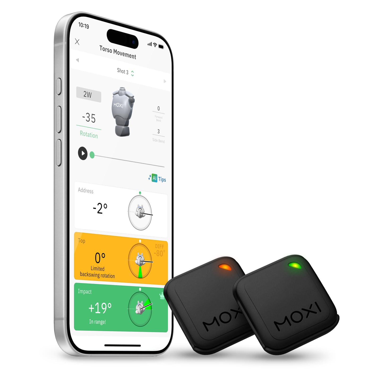 MOXI SwingMotion Golf Swing Analyzer – Dual Wearable IMU Sensors for Real-Time BioFeedback & 3D Visualization via App – Improve Wrist, Torso, Hip & X-Factor with 4 Training Modes