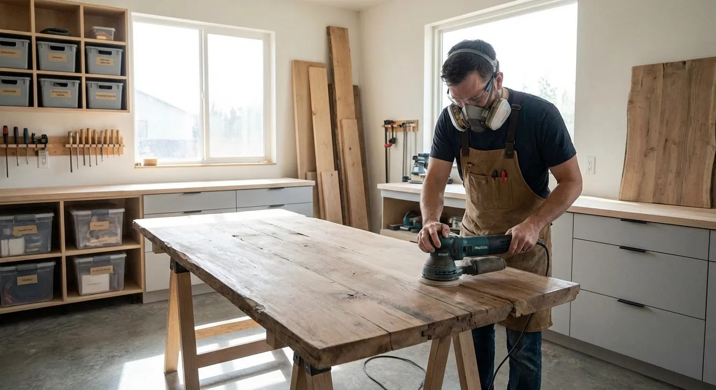 A woodworker wearing a respirator while sanding a large table top in a well-lit workshop.