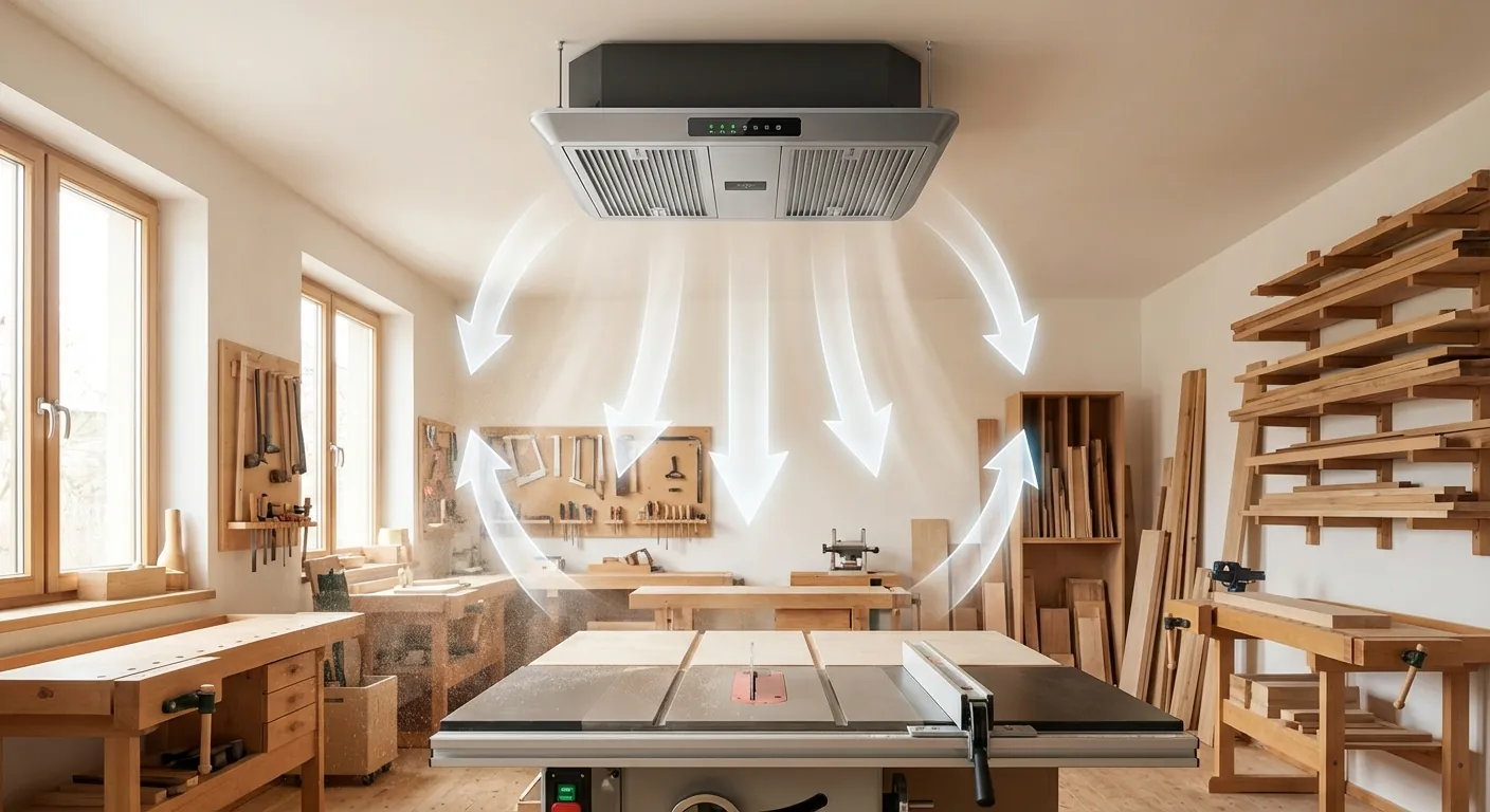 A ceiling-mounted air filtration unit in a woodworking shop with arrows indicating the circular airflow pattern.
