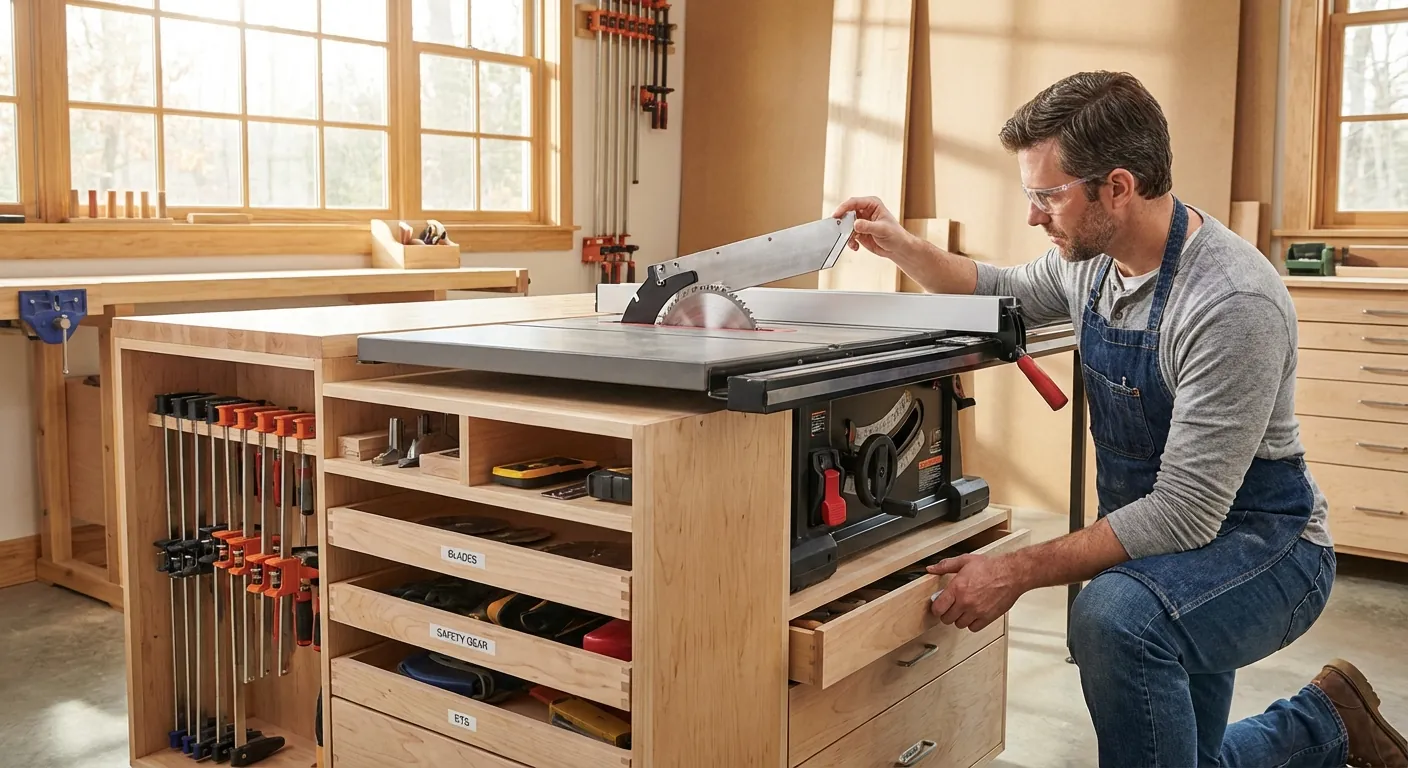 A woodworker performing a safety check on a table saw, ensuring the riving knife is in place.